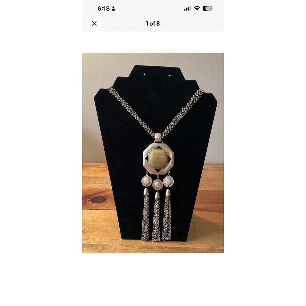 Chico's Long Necklace Womens Gold Silver Faux Stone Bead Tassel Statement 20.5”
